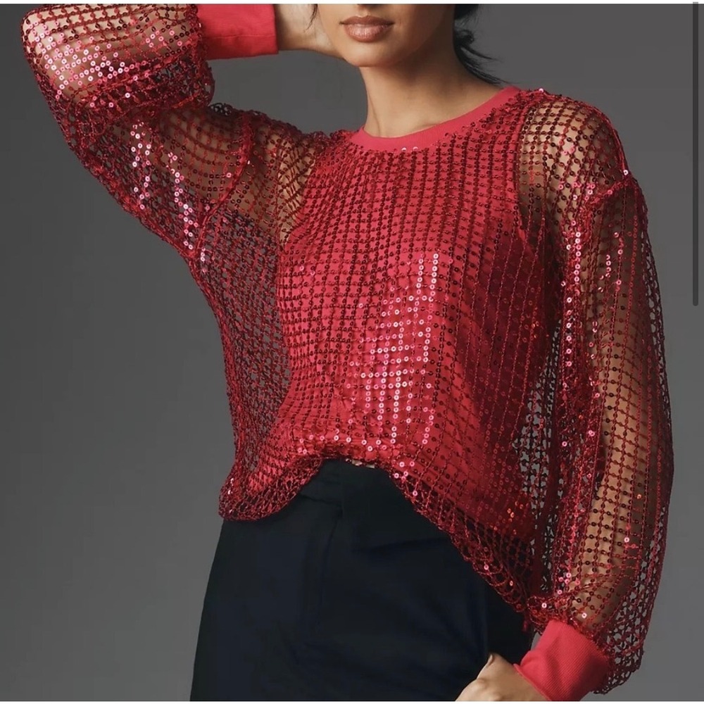 NWT Anthropologie Pilcro Sparkly Long Sleeve Sequin Top Raspberry Size XL